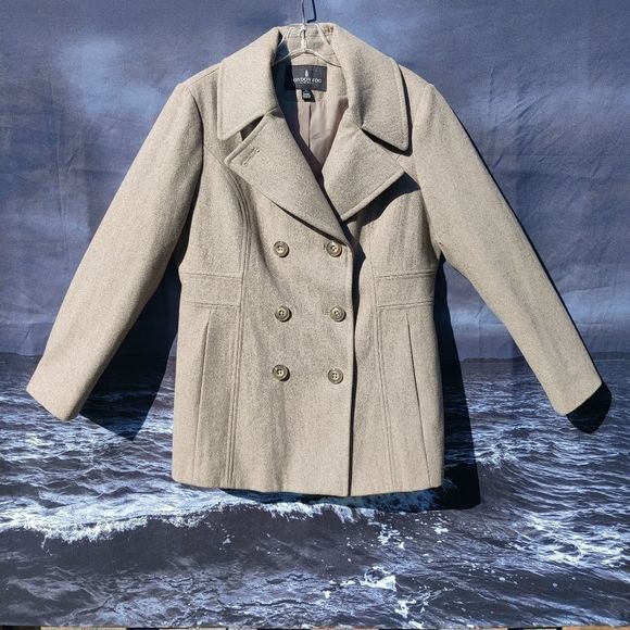 London Fog Wool Pea Coat Double Breast Notch Collar Sz L in Oatmeal Tan - Picture 3 of 15
